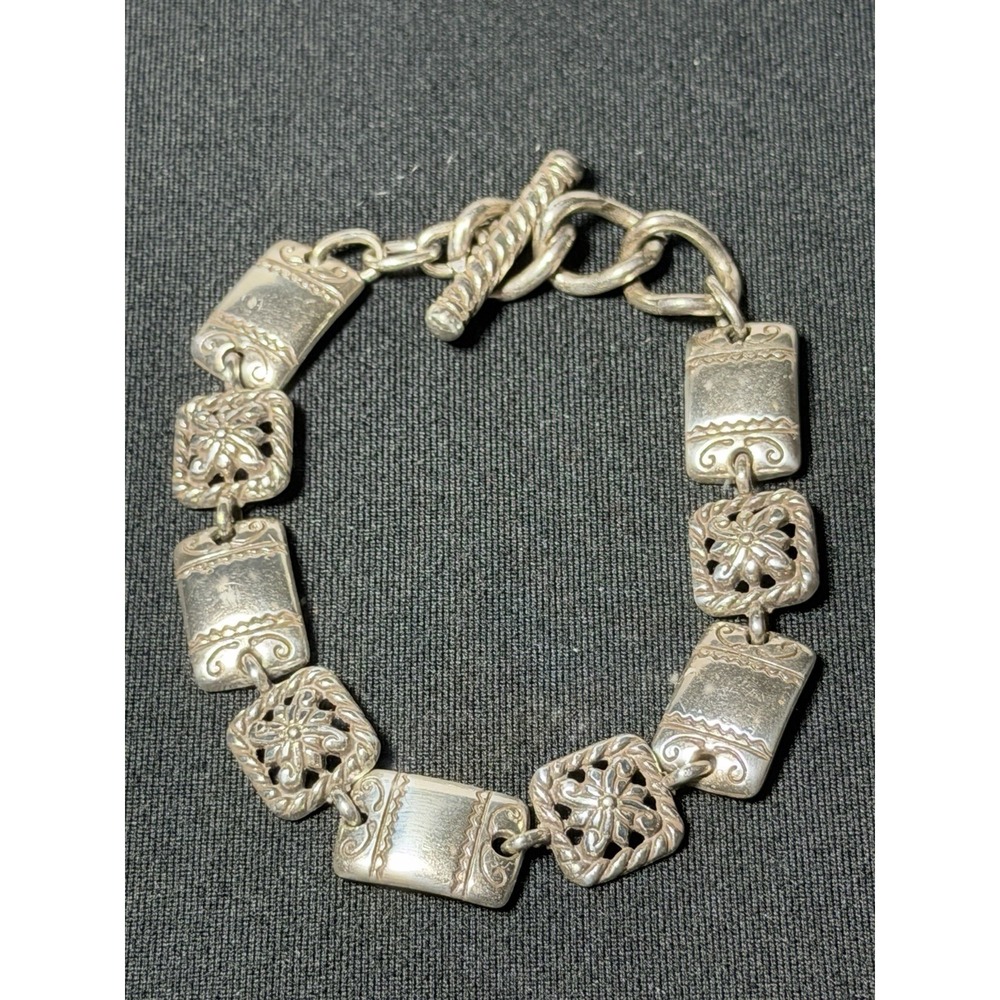 Brighton Silver Tone Floral Scroll Link Toggle Bracelet Heart B 7.5"